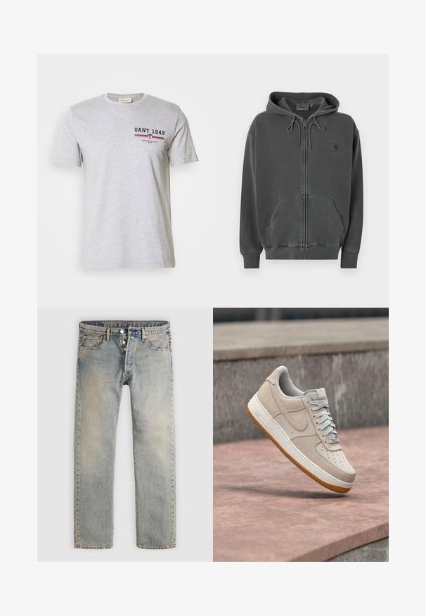 Tmavosivá mikina na zips s kapucňou so sťahovacou šnúrkou, predným klokankovým vreckom, rebrovanými manžetami a malou nášivkou s logom Carhartt na hrudi.; Sivá bavlnená tričko s krátkymi rukávmi, okrúhlym výstrihom a potlačou v námorníckej modrej a červenej farbe. Obsahuje logo a vodorovné pruhy.; Svetlomodré džínsové nohavice s gombíkovou légou, prednými vreckami a pútkami na opasok, rozložené na bielom pozadí.; Béžovo-biele tenisky Nike Air Force 1 s gumovou podrážkou vznášajúce sa nad ružovým kamenným povrchom a sivým kamenným pozadím.