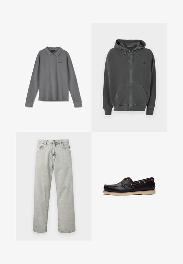 Mørkegrå lynlåshoodie med justerbar snøre i hætten, frontlomme i kængurustil, ribstrikkede manchetter og et lille Carhartt-logo på brystet.; Langærmet polo shirt i stribet gråt stof. Har en krave, tre-knaps placket og subtil sort branding på brystet.; Lysegrå, højtaljede jeans med lige ben, forlommer, bæltestropper og knaplukning, vist på hvid baggrund.; Sort læder bådsko med brune snørebånd, gyldne øjer og beige sål, vist i sideprofil på hvid baggrund.