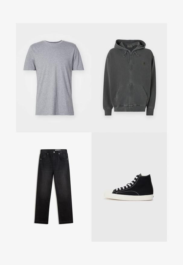 Mørkegrå lynlåshoodie med justerbar snøre i hætten, frontlomme i kængurustil, ribstrikkede manchetter og et lille Carhartt-logo på brystet.; Grå, kortærmet t-shirt lavet af en bomuldsblanding, der har en klassisk crew neckline og en glat, blød tekstur.; Sorte straight-leg denimjeans med fem lommer og høj talje, vist fladt på en hvid baggrund.; Canvas højhælede sneakers i sort med hvide snørebånd, der har en gummitoeppe og kontrasterende hvid sytråd.