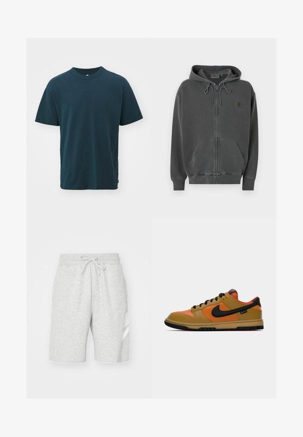 Tummanharmaa vetoketjullinen huppari, jossa kiristysnauhallinen huppu, etutasku, resorit hihansuuissa ja pieni Carhartt-logo rinnassa.; Nike Sportswear T-paita - armory navy; Miesten harmaat collegehousut, jotka on valmistettu pehmeästä puuvillasta. Housuissa on joustava vyötärönyöri, sivutaskut ja valkoinen logodetail.; Tennarit Nike sisältävät sekoituksen vaaleanruskeita, oransseja ja mustia materiaaleja, matalan varren muotoilun, pyöristetyn terän ja kumisen pohjan. Mukana on GORE-TEX-tunnus.