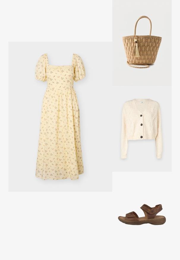 Off-white cropped cardigan lavet af blødt strikstof, med v-hals, kabelstrik mønster, og fem sorte knapper foran.; Gul midi-kjole med pufærmer, firkantet udskæring, delikat blomsterprint og rynket talje.; Brune lædersandaler med en polstret sål, to justerbare stropper og en struktureret gummisål. Har synlige syninger.; Flettet stråtaske med runde håndtag, firkantet mønster og to hængende kvaster med træperler på en ensfarvet baggrund.