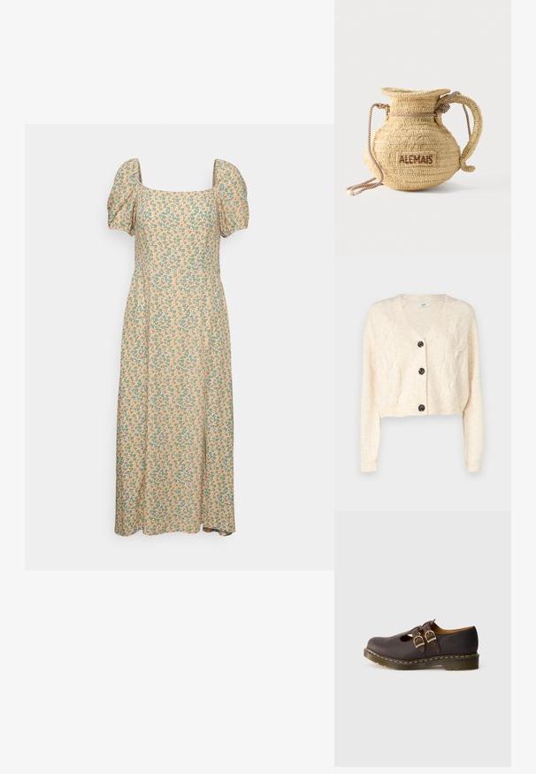 Cardigan court blanc cassé en tricot doux, avec un col en v, un motif en maille torsadée et cinq boutons noirs à l'avant.; Even&Odd by Zalando Robe de jour - green/pink; Chaussure en cuir marron foncé avec des sangles à double boucle, un design perforé au niveau des orteils et une semelle épaisse translucide avec des coutures jaunes.; Sac à main rond en paille tissée avec une anse en corde et "ALEMAIS" brodé sur le côté en fil marron.