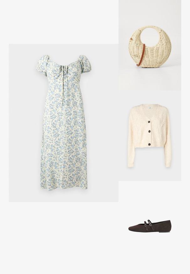 Cardigan court blanc cassé en tricot doux, avec un col en v, un motif en maille torsadée et cinq boutons noirs à l'avant.; Robe midi crème à imprimé floral bleu, manches bouffantes, encolure carrée froncée et détail noué à l'avant.; Chaussure plate en daim marron avec un bout pointu. Présente deux fines sangles avec des boucles en argent pour une touche de design. Talon bas et stable.; Sac à main tressé rond en paille naturelle avec une finition texturée. Dispose d'une bandoulière en cuir marron lisse et d'une poignée circulaire.