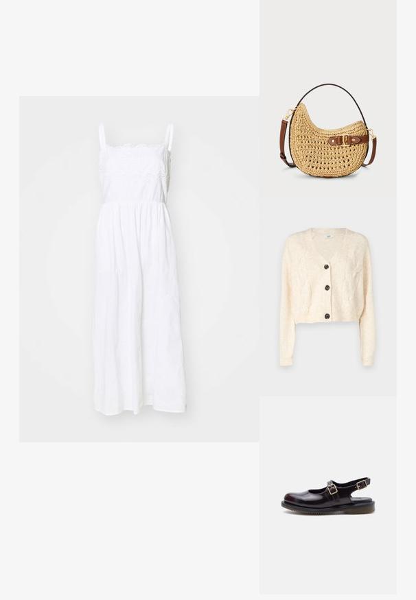 Cardigan court blanc cassé en tricot doux, avec un col en v, un motif en maille torsadée et cinq boutons noirs à l'avant.; Robe en coton blanc avec des bretelles spaghetti ajustables, ornée de détails en dentelle à l'encolure, et une jupe fluide et froncée.; Chaussure Mary Jane en cuir bordeaux foncé avec deux boucles réglables et une semelle en caoutchouc noir, présentée en profil latéral sur fond blanc.; Sac hobo en paille tissée avec une forme courbée, une sangle en cuir marron avec une boucle et une couleur beige naturel. Surface texturée avec des coutures visibles.