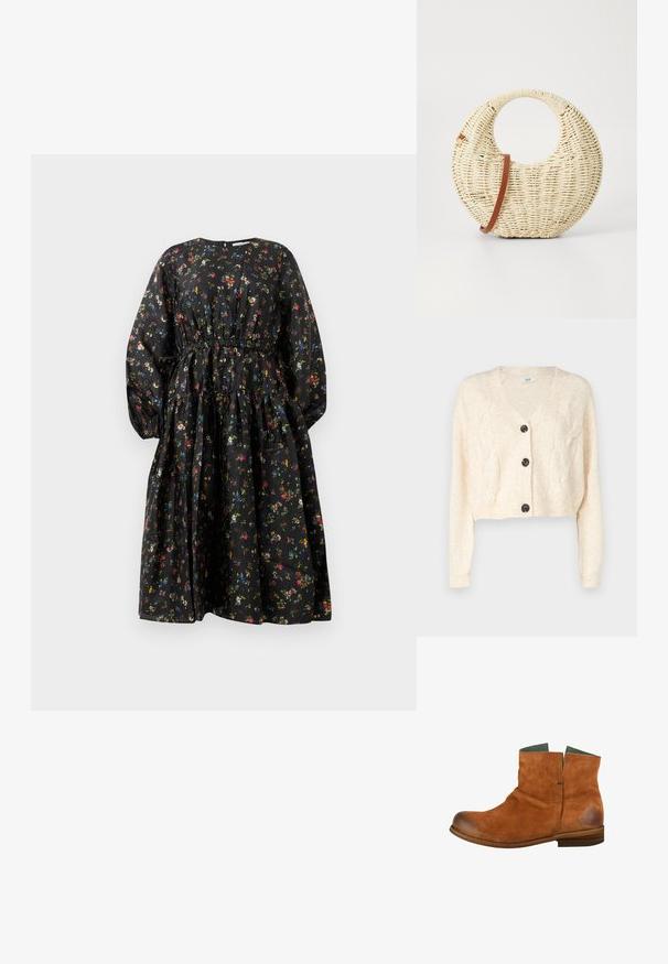 Off-white cropped cardigan lavet af blødt strikstof, med v-hals, kabelstrik mønster, og fem sorte knapper foran.; Sort blomsterkjole med lange ærmer, indsnævret talje og lagdelt nederdel. Har et farverigt blomsterprint og en glat stoftekstur.; Brun suede ankelstøvle med en rund tå, kort skaft og en let slidt finish. Har en grøn indvendig og en træsål.; Rund flettet taske i naturligt strå med en tekstureret overflade. Har en glat brun læderrem og et cirkulært håndtag.