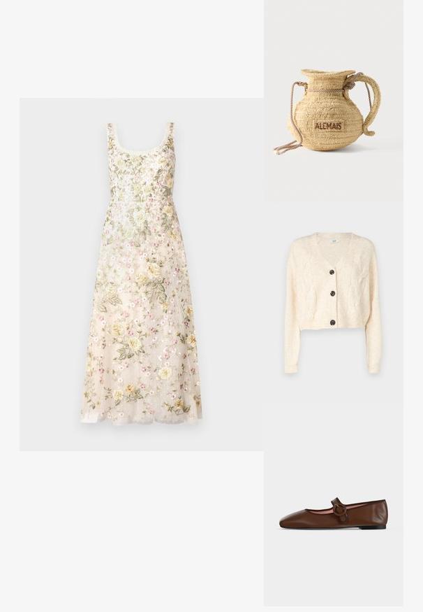 Kreemi värvi lühike kardigan, mis on valmistatud pehmest kudumise kangast, millel on V-kaelus, soonikpattern ja viis musta nööpi ees.; Needle & Thread FLORINE SCOOP NECK BALLERINA DRESS - Pidulikud riided - cream; Pruunist nahast lamedad Mary Jane kingad ümmarguse pandla ja musta tallaga heledal hallil taustal.; Ümmargune kootud õlekõrsst käekott nöörist käepidemega ja "ALEMAIS" tikitud pruunil niidil küljel.
