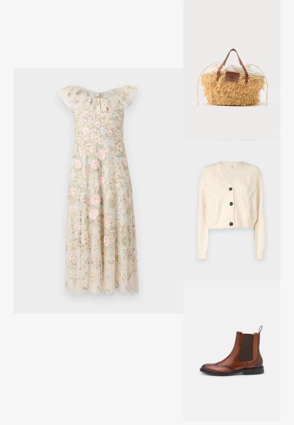 Off-white cropped cardigan van zacht breigoed, met een v-hals, kabelbreipatroon en vijf zwarte knopen aan de voorkant.; Geborduurd jurk met een rimpelige off-shoulder halslijn. Beige stof versierd met roze en blauwe bloemenpatronen, met een vloeiende rok.; Bruine leren Chelsea-boot met brogue-details, elastische zijpanelen en een treklus. Heeft een ronde neus en een zwarte zool.; Geweven strohandtas met franjes aan de buitenkant, bruine leren handvatten en een crème stoffen trekkoordsluiting aan de binnenkant.