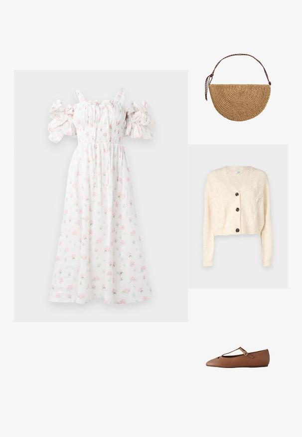 Off-white cropped cardigan lavet af blødt strikstof, med v-hals, kabelstrik mønster, og fem sorte knapper foran.; Hvid blomsterkjole med pink rosetter, smocket liv, skulderfri puffærmer og en svævende silhuet.; Brun flad sko med spids tå, T-rem og lille spænde på hvid baggrund.; Halvmåneformet håndtaske af flettet strå med en brun justerbar skulderrem, der er bundet i den ene ende, på hvid baggrund.