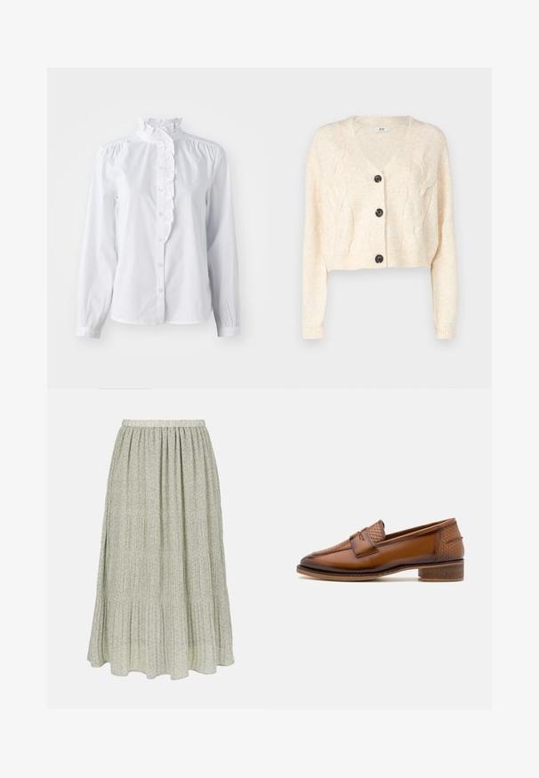 Off-white cropped cardigan van zacht breigoed, met een v-hals, kabelbreipatroon en vijf zwarte knopen aan de voorkant.; Witte blouse met lange mouwen, met een gerimpelde hoge kraag en verticale ruches aan de voorkant. Lichtgewicht katoenen stof.; Lichtgroene midirok met kleine roze bloemenprint, elastische tailleband en gelaagd, geplooid ontwerp.; Bruine leren loafers met een gewoven voorpaneel, ronde neus en lage, gestapelde hak. Glad oppervlak met subtiele stiksels.