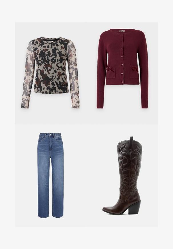 Cárdigan burdeos de tela texturizada con mangas largas, cuello redondo, botones delanteros y dos bolsillos decorados con lazos.; Blusa de manga larga en tejido ligero y transparente con un estampado de leopardo en tonos terrosos de negro, marrón y beige. Escote redondo.; Jeans de mezclilla azul claro con cintura alta, diseño de pierna recta, estilo de cinco bolsillos y detalles sutiles de desgaste en toda la tela.; Bota vaquera alta de cuero marrón oscuro con patrones decorativos cosidos, punta puntiaguda y tacón de bloque apilado.