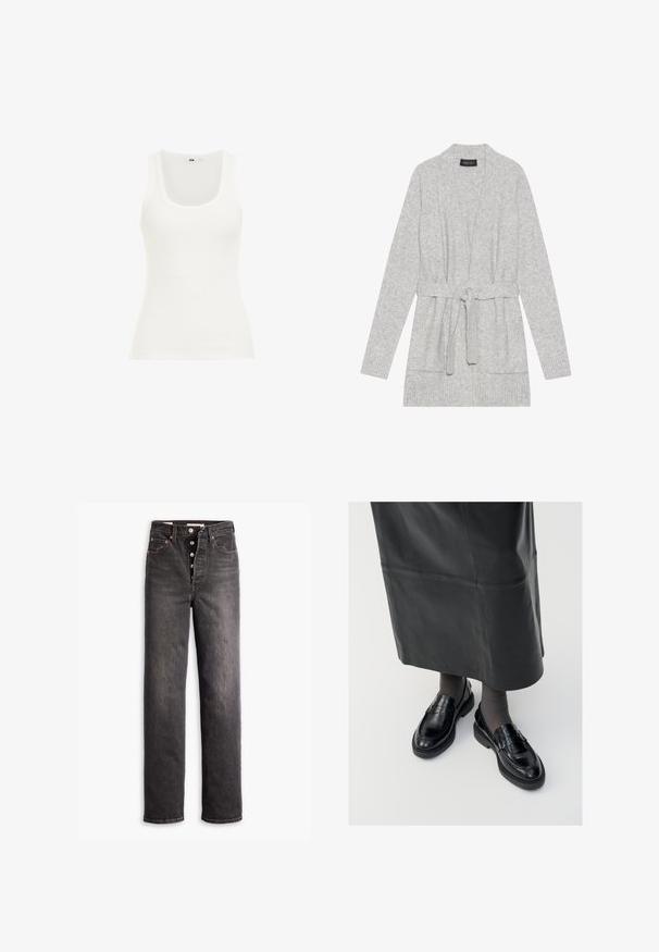 Cardigan gris clair en tissu doux, doté d'une ceinture à nouer, de deux poches avant et de poignets côtelés pour plus de texture.; Débardeur blanc côtelé avec un décolleté ras du cou et des bretelles larges. Le tissu semble extensible et ajusté, adapté pour le superposition ou une tenue décontractée.; Jean noir taille haute avec une coupe droite, fabriqué en denim. Il comporte un bouton de fermeture, des accents en cuivre et des coutures contrastées.; Mocassins en cuir noir avec une finition lisse, ornés d'une bande décorative, à bout rond et avec une semelle texturée. Portés avec une longue jupe en cuir noir.