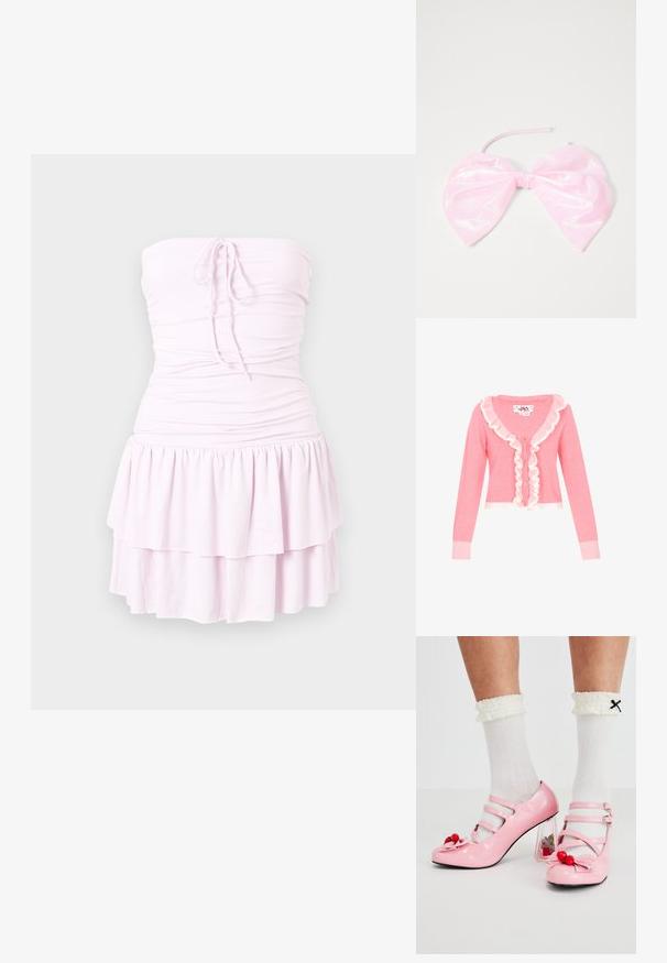Rosa Strickjacke mit langen Ärmeln, V-Ausschnitt und weißen Rüschenbesätzen entlang der Front. Verfügt über fünf Knöpfe sowie gerippte Bündchen und Saum.; Trägerloses, hellrosa Minikleid mit gerafftem Oberteil, Bindeband in der Mitte vorne und einem doppellagigen Rüschensaum.; Rosa Lacklederabsätze mit abgerundetem Zeh, drei Riemen und Kirschverzierungen. Transparenter Blockabsatz mit floralen Akzenten. Weiße gerippte Socken.; Rosa, glänzendes Haaraccessoire in Form einer großen Schleife, mit glatter Textur und einem dünnen Riemen zum Befestigen.