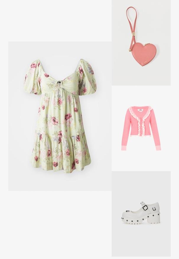 Rosa Strickjacke mit langen Ärmeln, V-Ausschnitt und weißen Rüschenbesätzen entlang der Front. Verfügt über fünf Knöpfe sowie gerippte Bündchen und Saum.; Blumenkleid aus leicht grünem Stoff mit Rüschenshirts, gerafftem Oberteil und gestuftem Rock mit rosa und lila Rosenmustern.; Weiße Plateauschuhe mit abgerundetem Zehenbereich, Schnallenriemen und kreisförmigen Nieten. Texturierte Sohle mit leichtem Absatz und dekorativem Hardware-Detail.; Pinkes herzförmiges Leder-Münzetui mit Handgelenkriemen und goldenem Reißverschluss, mit kleinem goldfarbenem "Furla"-Schriftzug.