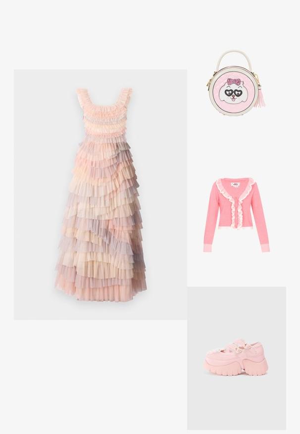 Cardigan rose avec des manches longues, en V, et un bord festonné blanc le long de l'avant. Comprend cinq boutons et des poignets et un ourlet côtelés.; Robe maxi à plusieurs couches avec des teintes douces de rose, crème et volants en tulle lilas, tissu texturé et décolleté arrondi.; Bottines chunky à plateforme rose avec des boucles en forme de cœur double, un bord en dentelle et une semelle épaisse sculptée sur un fond blanc uni.; Sac à main rond rose avec un visage de chien blanc et rose portant un nœud pailleté et des lunettes en forme de cœur, une poignée supérieure et une tirette de fermeture éclair à pompon sur le côté.