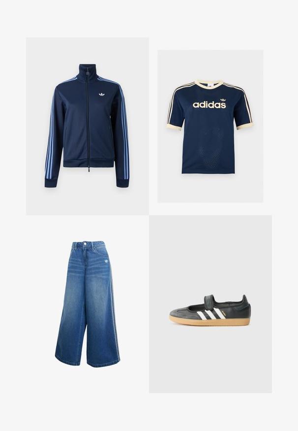 Veste de survêtement bleu marine zippée avec trois bandes bleu clair sur les manches et le logo trèfle Adidas sur la poitrine gauche.; T-shirt à manches courtes en mesh bleu marine Adidas avec bordure crème, trois bandes crème sur les manches et logo Adidas sur la poitrine.; Jeans en denim à jambes larges de couleur bleu moyen, dotés d'une taille haute, de détails de couture subtils et d'un petit logo blanc à l'avant.; Sneaker en cuir noir et suède avec une sangle Velcro, arborant trois bandes blanches et une semelle en caoutchouc, étiqueté "SAMBA" sur le côté.
