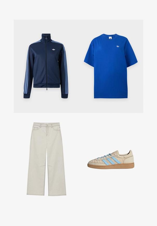 Tumesinine lukuga spordijakk, kergete siniste kolme triibuga varrukatel ja Adidas trefoil logo vasakul rinnal.; Sinine lühikeste varrukatega Adidas T-särk ümmarguse kaelusega, vasakul rinnal väike valge Adidas trefoil logo.; Heledad hall-gajused püksid, viie taskuga, ette nööpidega kinnitamine ja kontrastne õmblus. Kangas paistab pehme ja vastupidav.; Beežid tossud, millel on tekstuurne kudumine, helesinised triibud ja pruun kummitald. Omab ümmargusi paelu ja logo detaili küljel.