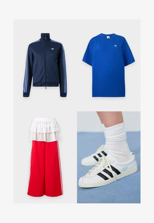Tumesinine lukuga spordijakk, kergete siniste kolme triibuga varrukatel ja Adidas trefoil logo vasakul rinnal.; Sinine lühikeste varrukatega Adidas T-särk ümmarguse kaelusega, vasakul rinnal väike valge Adidas trefoil logo.; Punased laiade jalgadega püksid valgete küljeribadega, millele on lisatud kihiline valge volangiline pealisosa. Elastne vöökoht mugavuse tagamiseks. Pehme kangapind.; Valge nahast spordijalatsid mustade triipudega, kreemjasel tallal ja heledate paelatega. Kandmine valgete ribadega sokkidega, paigutatud sinise taustaga.
