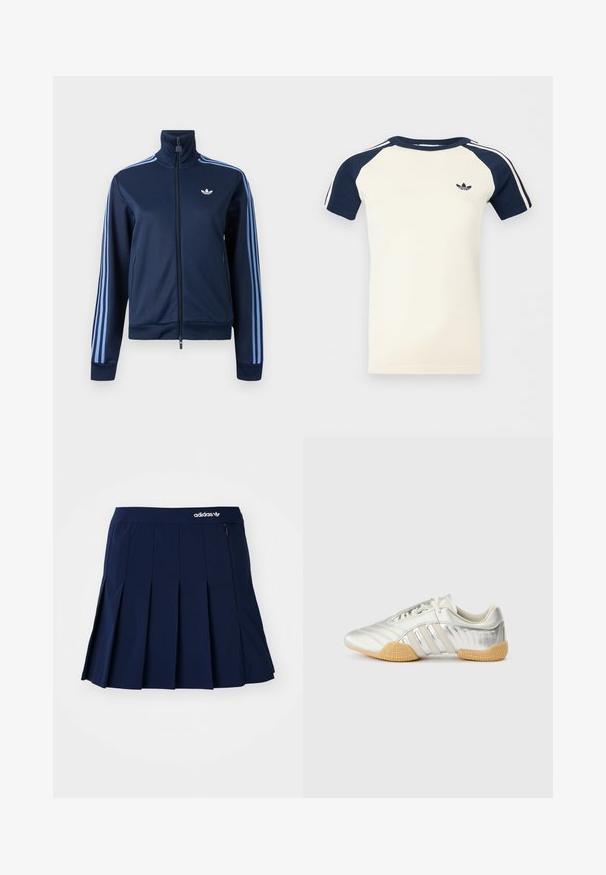 Tumesinine lukuga spordijakk, kergete siniste kolme triibuga varrukatel ja Adidas trefoil logo vasakul rinnal.; Lühikeste varrukatega kreemikas särg, millel on tumesinised raglaanvarrukad, varrukatel valged triibud ja väikene must Adidas logo rinnal.; Tumesinine plisseeritud seelik, mis on valmistatud kergest kangast; sisaldab elastset vööd ja väikest lukuga taskut, ees on valge Adidas logo.; Hõbedane spordijalats, millel on siledast nahast pealmine osa, kummist tallad ja tekstuuriga detailid. Omadused hõlmavad kõverdatud kujundust ja toonitoonilisi paelu.