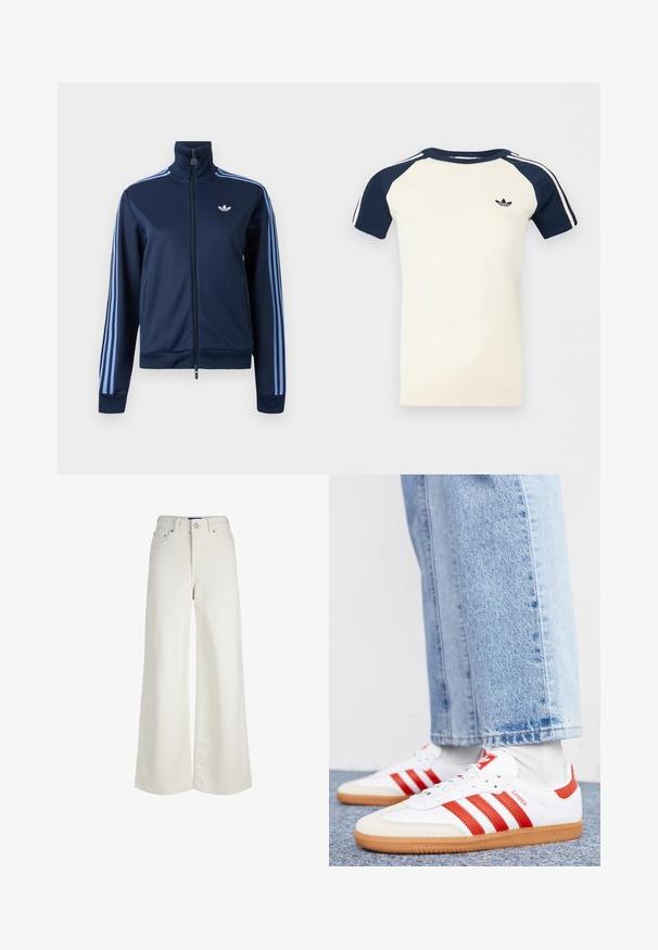 Navyblå zip-up træningsjakke med lyseblå tre striber på ærmerne og Adidas trefoil-logo på venstre bryst.; Kortærmet cremefarvet skjorte med marineblå raglanærmer, hvide striber på ærmerne og et lille sort Adidas-logo på brystet.; Høj talje, vidde ben, hvide denimjeans med forreste knap- og lynlås-lukning, bæltestropper og lommedetaljer.; Hvide lædersneakers med røde striber og accenter. Har en tekstureret gummisål og polstret krave. Bæres med lyseblå denim.