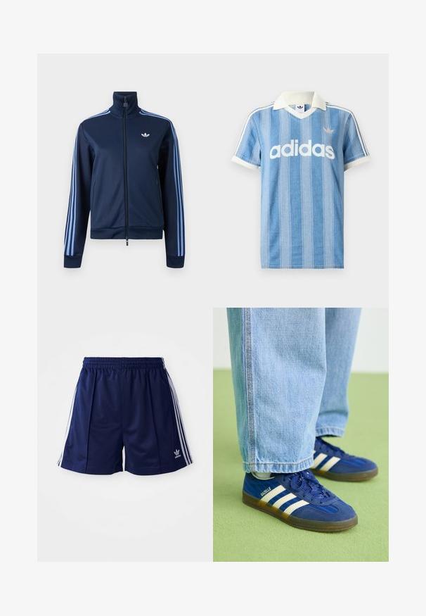 Navyblå zip-up træningsjakke med lyseblå tre striber på ærmerne og Adidas trefoil-logo på venstre bryst.; Lyseblå polo med korte ærmer og lodrette striber, hvide detaljer og en fremtrædende hvid "adidas"-logo på forsiden.; Marine atletikshorts lavet af letvægtsmateriale, med hvide sidelister og et broderet logo nederst til venstre. Elastisk talje.; Blå ruskindsneakers med hvide striber og teksturerede mønstre, båret med lyseblå denimbukser, sat mod en grøn baggrund.