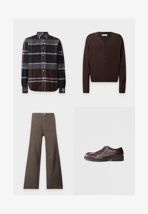 Brauner Cardigan aus weichem Strickmaterial mit V-Ausschnitt, Knopfverschluss, langen Ärmeln sowie geripptem Saum und Bündchen.; Barbour ICELOCH TAILORED TARTAN - Hemd - midnight oak; Braune weite Hosen mit hoher Taille, Knopfverschluss, Gürtelschlaufen und sichtbaren Nähten an den Beinen.; Braune Lederdressschuhe mit einer abgerundeten Spitze, minimalen Nähakzenten und einer robusten schwarzen Sohle. Verfügt über eine Schnürung und eine glatte Textur.