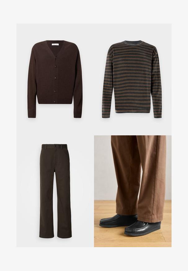 Cárdigan marrón hecho de material de punto suave, con escote en V, cierre de botones, mangas largas y ribetes en el dobladillo y los puños.; Camiseta de manga larga tipo crewneck con rayas horizontales en negro y marrón, exhibida sobre un fondo claro y liso.; Pantalones de algodón marrón con un diseño de pierna recta, que cuentan con un cierre de botón, lazos para cinturón y detalles de costura mínimos.; Zapatos de cuero negros con diseño de mocasín y detalles de costura, combinados con pantalones marrones, sobre un suelo de madera.