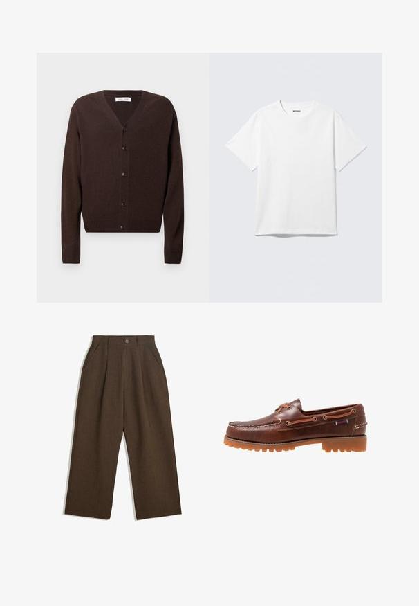 Bruine cardigan van zacht breimateriaal, met een V-hals, knoopsluiting, lange mouwen en geribde zoom en manchetten.; Witte T-shirt met korte mouwen en ronde hals, plat gelegd, effen ontwerp, met een "WEEKDAY" label in de kraag op een lichte achtergrond.; Bruine geplooide broeken met een wijdvallend ontwerp, voorzien van een knoopsluiting en zijzakken, gemaakt van een textiel dat geschikt is voor casual wear.; Bruine leren bootschoen met rubberen loopzool, veterogen en een gestikte bovenkant, voorzien van een verhoogd, gestructureerd patroon langs de teen.