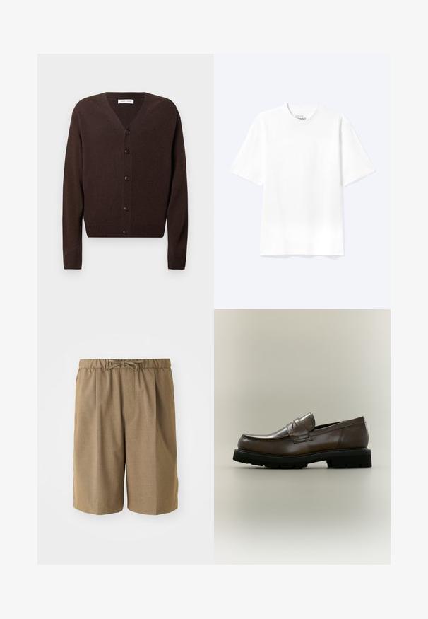 Cardigan marron en tricot doux, avec un col en V, fermeture par boutons, manches longues, et bordure et poignets côtelés.; T-shirt blanc uni à manches courtes et col rond avec une coupe décontractée, présenté sur un fond clair.; Shorts plissés marron avec une taille élastique et un cordon de serrage ajustable. Fabriqués dans un tissu léger et lisse avec des jambes droites.; Mocassin en cuir marron avec semelle épaisse en caoutchouc noir, talon bas et une bride sur la partie supérieure, vu de côté sur un fond neutre.
