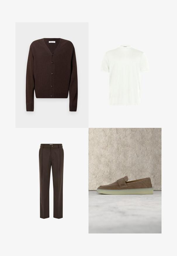 Cardigan marron en tricot doux, avec un col en V, fermeture par boutons, manches longues, et bordure et poignets côtelés.; T-shirt blanc à col rond en tissu doux. Manches courtes, sans motifs. Design simple avec un ourlet droit et des détails minimalistes.; Pantalon marron foncé sur mesure avec plis à l'avant, passants de ceinture, fermeture par bouton et coupe droite.; Mocassin beige en daim sans lacets avec semelle en caoutchouc blanche et logo BOSS sur la sangle latérale, présenté sur un fond neutre uni.