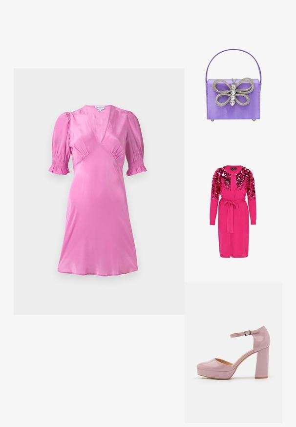 Roze lange cardigan met een tailleband en glanzende roze en rode pailletten die dicht op de bovenkant van de voorkant en de mouwen zijn bevestigd.; Roze satijnen jurk met korte pofmouwen, een V-halslijn en geraffineerde details bij de buste en mouwranden. Gladde, glanzende textuur.; Roze lakleren hoge hak schoen met een ronde neus, enkelband en blokhak. Glad oppervlak en plateau voor extra hoogte.; Paarse satijnen handtas met een zilveren kristallen vlinderornament, met een gestructureerde vorm en een dun handvat, rustend op metalen pootjes.