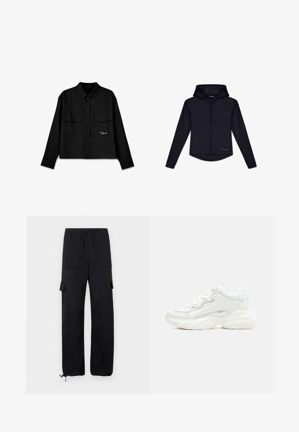 Pegador SALLY - Sweatjakke - black; Sort cropped skjorte med spidse krave, dobbelt brystlommer, knaplukning foran og broderet logo på venstre side. Glat stoftekstur.; Sorte cargo bukser lavet af blødt stof, med en snøre i taljen, to franske lommer og elastiske manchetter ved anklerne.; Hvid chunky sneaker med tyk sål, snørelukning foran og glat syntetisk overdel med subtile syningsdetaljer.