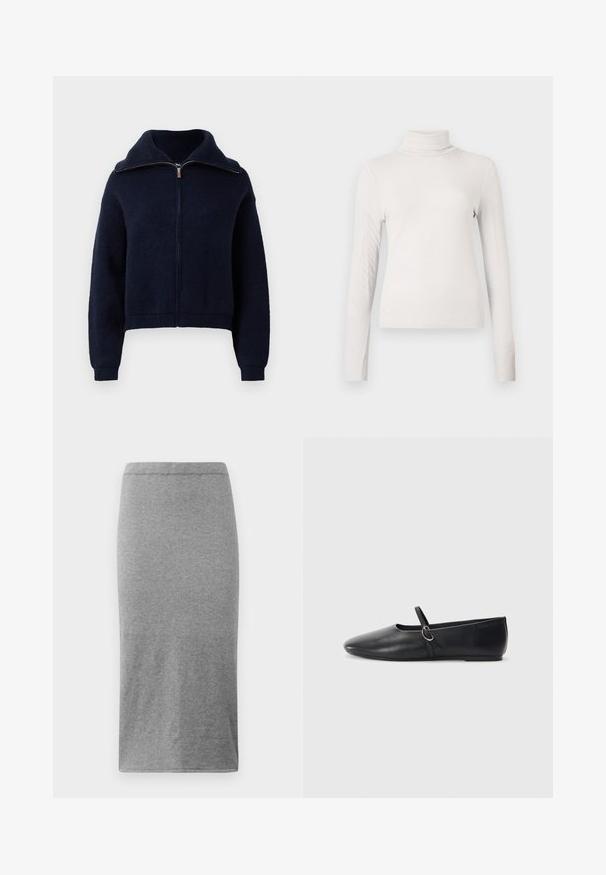 Sweat à fermeture éclair bleu marine avec un col montant, des manches longues et des poignets et un ourlet côtelés sur fond blanc.; Haut à col roulé à manches longues côtelé de couleur crème avec une silhouette ajustée sur un fond blanc uni.; Jupe grise, longueur genou, fabriquée en tissu doux et extensible. Présente un design simple et près du corps avec une taille élastique et une texture lisse.; Ballerines noires en cuir avec un bout pointu, une semelle plate et une petite sangle avec un détail de boucle en argent.