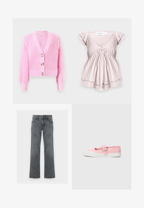 Cardigan en tricot rose avec un col en V, des manches longues et de gros boutons ronds. Il présente un tissage texturé et un ourlet court.; Combi-short rose clair à manches courtes avec corsage froncé, bordure en dentelle, lien à nouer devant, et ourlet à volants de Hollister en taille small.; Jeans en denim gris à jambe droite avec bouton frontal, fermeture éclair et cinq poches, présentés sur un fond blanc.; Chaussure en toile rose avec semelle plate, dotée d'une sangle et d'une boucle au milieu du pied. Semelle en caoutchouc blanche au design épuré et simple.