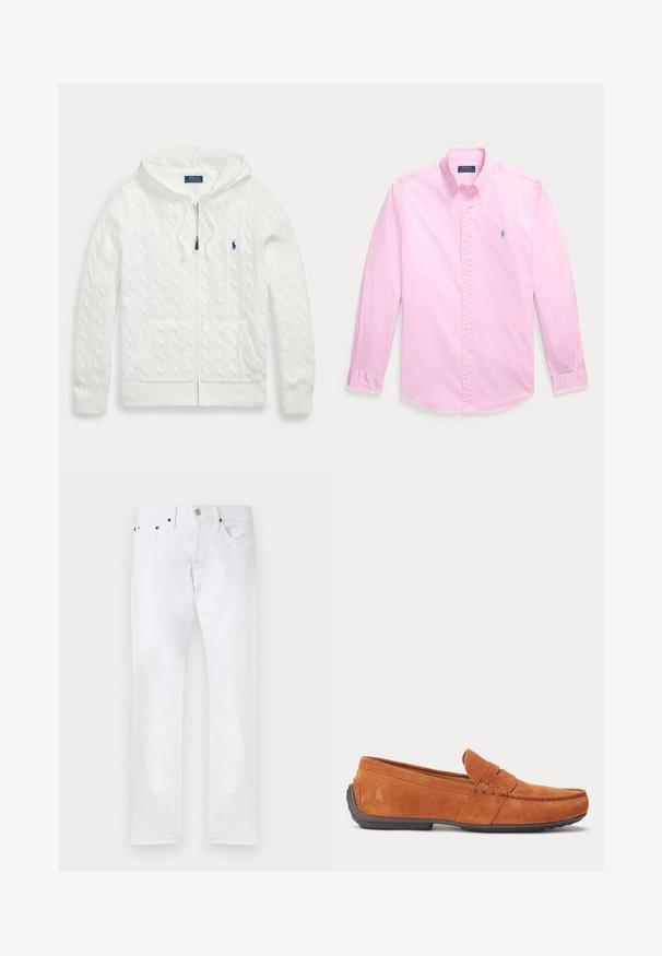 Witte kabelgebreide hoodie met rits, voorzakken en een klein blauw Polo Ralph Lauren-logo op de borst.; Lichtroze blouse met lange mouwen, knopen, kraag en klein blauw geborduurd logo op de linkerborst.; Witte slim-fit jeans met vijf zakken, knoopsluiting en riemlussen, plat gelegd op een witte achtergrond.; Bruine suède herensloffen met stikseldetails, een gleuf voor munten op het bovenwerk en een donkere rubberen zool.