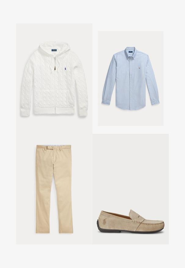 Sudadera blanca de punto trenzado con cremallera, bolsillos delanteros y un pequeño logotipo azul de Polo Ralph Lauren en el pecho.; Camisa de manga larga azul claro con rayas verticales blancas y un pequeño logo bordado de Polo Ralph Lauren en el pecho.; Pantalones beige de corte recto con trabillas para cinturón y cremallera frontal, colocados planos sobre un fondo blanco.; Mocasines de ante beige con detalle cosido, suela de goma plana y un pequeño logotipo en el lateral. Diseño clásico de slip-on, textura suave.