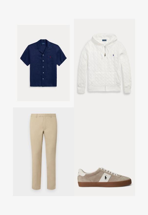 Valkoinen palmikkoneuleinen vetoketjuhuppari, jossa edessä taskut ja pieni sininen Polo Ralph Lauren -logo rinnassa.; Laivastonsininen pellavainen lyhythihainen paita, jossa on leirikaulus, etutasku, valkoiset napit ja rinnan punaisella kirjailtu logo.; Beige puuvillahousut suoraan leikkauksella, joissa on vyölenkit, tasainen etuosa ja räätälöidyt helmat. Silkka tekstuuria ja minimaalista yksityiskohtaa.; Beigen värinen mokkanahkainen matalan mallinen lenkkari, jossa valkoiset kengännauhat, valkoinen nahkakoristelu mustalla hevosen logolla ja ruskea kumipohja.