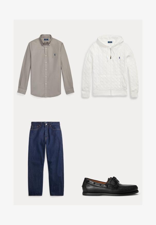 Witte kabelgebreide hoodie met rits, voorzakken en een klein blauw Polo Ralph Lauren-logo op de borst.; Lichtgrijs overhemd met lange mouwen, knopen, kraag en blauw Polo Ralph Lauren geborduurd logo op de linkerborst.; Donkerblauwe denim jeans met rechte pijpen, vijf zakken, knoopsluiting en zichtbare stiksels.; Zwarte leren mocassin met veterdetail en lage rubberen zool, zijaanzicht op een eenvoudige lichte achtergrond.