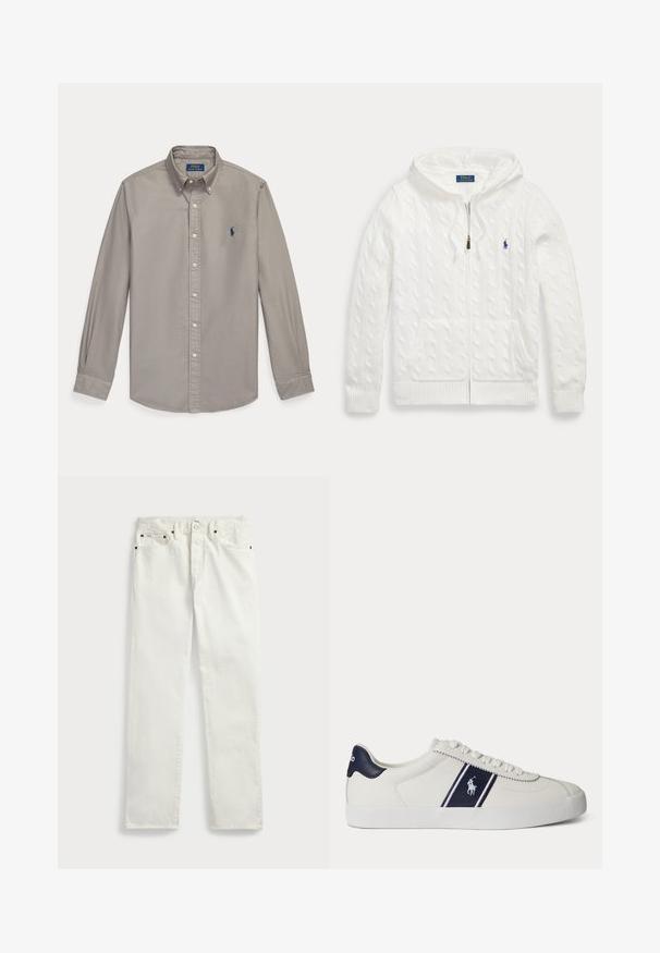 Biely pletený sveter s kapucňou na zips, predné vrecká a malé modré logo Polo Ralph Lauren na hrudi.; Svetlosivá košeľa s dlhým rukávom na gombíky s golierom a modrým vyšívaným logom Polo Ralph Lauren na ľavej strane hrude.; Biele džínsové nohavice so strižením rovného strihu, s piatimi vreckami, kovovými gombíkmi a švovými akcentmi. Hladká textúra.; Biele nízke tenisky s námorníckym modrým pásikom a logom na boku, s námorníckym modrým pätovým pásikom, plochou bielou podrážkou a bielymi šnúrkami.
