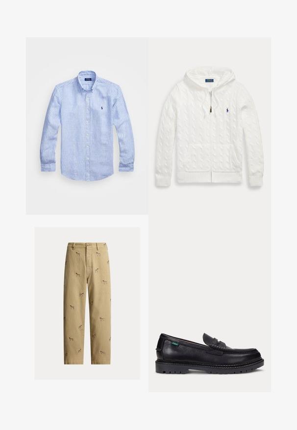 Sweat à capuche blanc en maille torsadée avec fermeture éclair, poches avant et petit logo bleu Polo Ralph Lauren sur la poitrine.; Chemise à rayures bleues et blanches à manches longues en coton, dotée d'un col boutonné, de boutons sur le devant et d'un petit logo brodé sur la poitrine.; Pantalon en velours côtelé beige avec motifs brodés de chiens, coupe droite, cinq poches et fermeture à bouton devant.; Mocassin en cuir noir avec une semelle épaisse à crampons et une petite étiquette verte "Polo" sur le côté extérieur, près du talon.