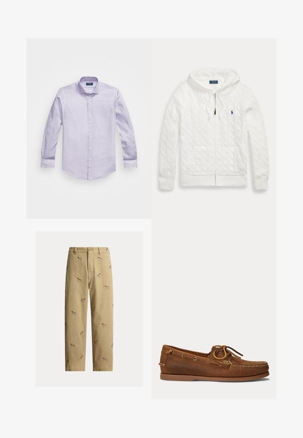Biely pletený sveter s kapucňou na zips, predné vrecká a malé modré logo Polo Ralph Lauren na hrudi.; Svetlofialová košeľa s dlhým rukávom a jemným vzorom, s golierom na gombíky a bielymi gombíkmi pozdĺž légy. Mäkká textúra látky.; Béžové kordurové nohavice s vyšívanými motívmi psov, rovný strih nohavíc, päťvreckový štýl s predným zapínaním na gombík.; Hnedá kožená lodná topánka s mokasínovým šitím, detailom šnúrky prestrčenej kovovými očkami a plochou gumovou podrážkou zobrazená z bočného pohľadu.