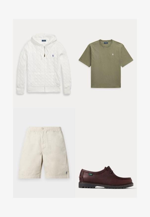 Biely pletený sveter s kapucňou na zips, predné vrecká a malé modré logo Polo Ralph Lauren na hrudi.; Olivovo zelené tričko Polo Ralph Lauren s krátkym rukávom, okrúhlym výstrihom a malým bielym vyšitým logom na ľavej strane hrudníka.; Béžové ležérne šortky s elastickým pásom, zapínaním na gombíky vpredu a malým modrým vyšívaným logom blízko lemu na ľavej nohe.; Tmavohnedá kožená mokasínová obuv s čiernou robustnou podrážkou a zelenou značkou Polo na boku, zobrazená z bočného pohľadu.