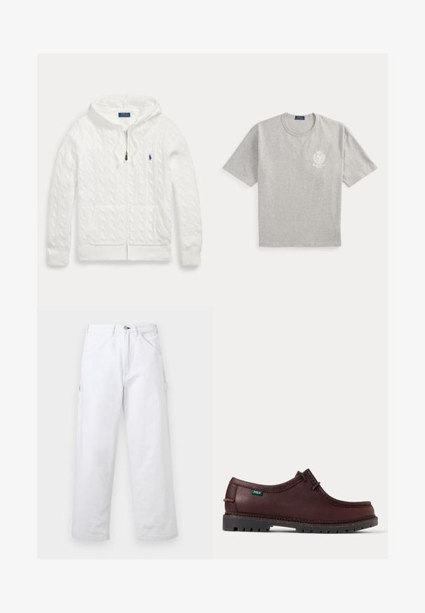 Biely pletený sveter s kapucňou na zips, predné vrecká a malé modré logo Polo Ralph Lauren na hrudi.; Svetlosivé tričko s krátkym rukávom s malým bielym logom Polo Ralph Lauren a erbom na ľavej strane hrudníka a modrou značkovou štítkom vo vnútri goliera.; Biele nohavice s vysokým pásom a rovnými nohavicami, s pútkami na opasok, prednými vreckami, zapínaním na gombíky a bočným úžitkovým vreckom na jednofarebnom pozadí.; Tmavohnedá kožená mokasínová obuv s čiernou robustnou podrážkou a zelenou značkou Polo na boku, zobrazená z bočného pohľadu.