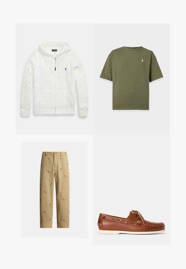 Weißer, kabelgestrickter Kapuzenpullover mit Reißverschluss, Fronttaschen und kleinem blauem Polo Ralph Lauren-Logo auf der Brust.; Einfaches olivgrünes T-Shirt mit kurzen Ärmeln, Rundhalsausschnitt und kleinem weißen Pferd-und-Reiter-Logo auf der linken Brust.; Beige Cordhosen aus Cord mit bestickten Hundemotiven, geradem Beinschnitt und Fünf-Taschen-Design mit vorderem Knopfverschluss.; Brauner Leder-Bootsschuh mit weißer Sohle, oben geschnürte Schnürsenkel und Metallösen entlang der Seiten und der vorderen Naht.