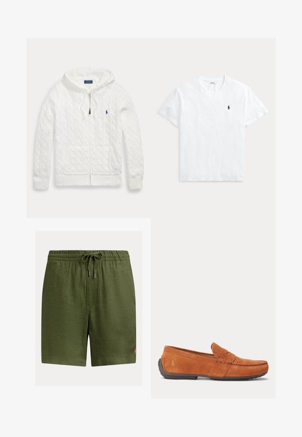 Valkoinen palmikkoneuleinen vetoketjuhuppari, jossa edessä taskut ja pieni sininen Polo Ralph Lauren -logo rinnassa.; Valkoinen V-kaula-aukkoinen lyhythihainen T-paita, jossa vasemmassa rinnassa pieni tummansininen Polo Ralph Lauren -hevonen logo.; Vihreät pellavashortsit, joissa on joustava vyötärönauha ja säädettävä kiristysnyöri. Pieni logo yksityiskohta ala-oikealla puolella.; Ruskeat mokkasiinit miehille, joissa ompeluskoristeita, pennytasku päällä ja tumma kumipohja.