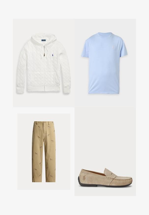 Biely pletený sveter s kapucňou na zips, predné vrecká a malé modré logo Polo Ralph Lauren na hrudi.; Svetlomodré tričko s krátkym rukávom a okrúhlym výstrihom s malým vyšívaným logom na ľavej strane hrude na jednofarebnom bielom pozadí.; Béžové kordurové nohavice s vyšívanými motívmi psov, rovný strih nohavíc, päťvreckový štýl s predným zapínaním na gombík.; Béžové semišové mokasíny s prešívaním, plochou gumenou podrážkou a malým logom na strane. Klasický dizajn na obúvanie, mäkká textúra.