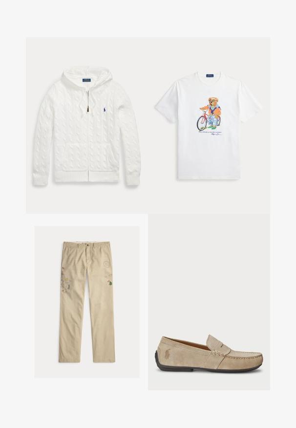 Sudadera blanca de punto trenzado con cremallera, bolsillos delanteros y un pequeño logotipo azul de Polo Ralph Lauren en el pecho.; Camiseta blanca con un oso que lleva gafas de sol, vaqueros y chaqueta, de pie junto a una bicicleta roja con el texto Polo Bear de Ralph Lauren.; Pantalones de algodón beige con gráficos bordados, incluyendo árboles y montañas, con cierre de botón y presillas para cinturón.; Mocasines de ante beige con detalle cosido, suela de goma plana y un pequeño logotipo en el lateral. Diseño clásico de slip-on, textura suave.