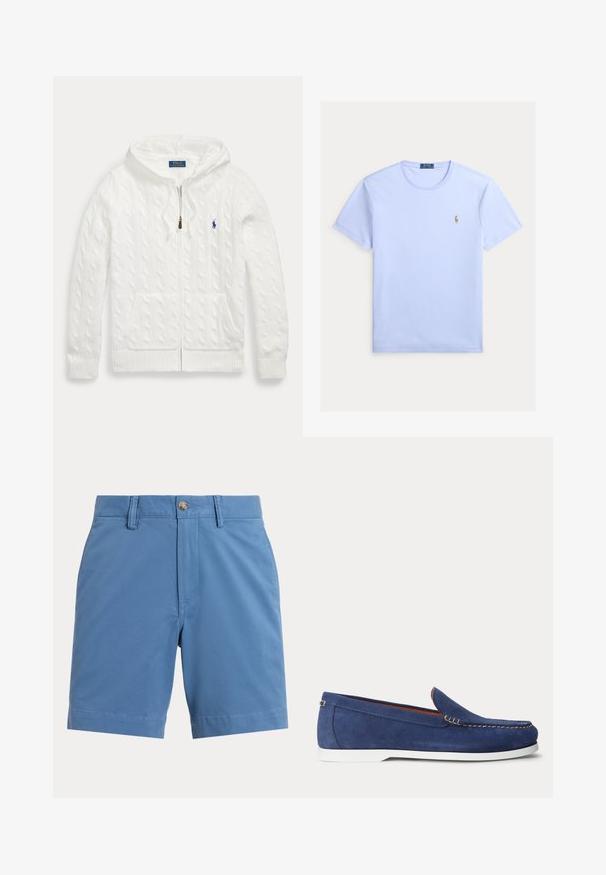 Witte kabelgebreide hoodie met rits, voorzakken en een klein blauw Polo Ralph Lauren-logo op de borst.; Lichtblauw T-shirt met korte mouwen en ronde hals, met een klein geborduurd Polo Ralph Lauren-logo op de linkerborst.; Blauwe casual heren shorts met riemlussen, voorste knoop en ritssluiting op een effen lichte achtergrond.; Blauwe suède loafer met witte zool en beige stiksels langs de bovenrand, afgebeeld tegen een effen witte achtergrond.