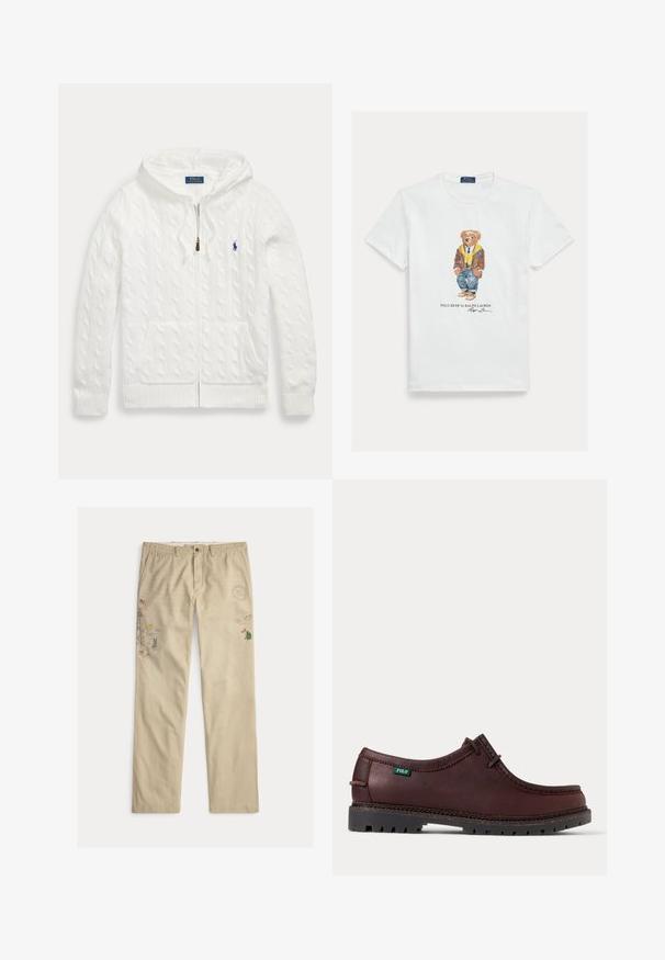 Valge soonikkoes lukuga dressipluus eest taskute ja väikese sinise Polo Ralph Laureni logoga rinnal.; Valge puuvillane T-särk, millel on joonistatud riietatud multifilmikaru. Märkimisväärsed detailid on pruun jakk, kollane kapuuts ja sinised teksad.; Beežid puuvillased püksid, millel on tikitud graafika, sealhulgas puud ja mäed, nööbikinnitus ja vööaasad.; Tumepruun nahast mokasiinstiilis jalanõu musta tugevdatud tallaga ja rohelise Polo logoga sildiga küljes, näidatud külgvaates.
