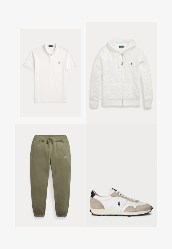 Biely pletený sveter s kapucňou na zips, predné vrecká a malé modré logo Polo Ralph Lauren na hrudi.; Biela krátky rukáv Polo Ralph Lauren košeľa s golierom, zapínaním na dva gombíky a malým tmavomodrým vyšívaným logom koňa na ľavej strane hrudníka.; Olivovo zelené tepláky s elastickým pásom a manžetami, sťahovacou šnúrkou, bočnými vreckami a malým logom Polo Ralph Lauren na ľavom stehne.; Biele a béžové semišové tenisky s čiernou gumovou podrážkou a logom Polo na boku, zobrazené z vonkajšej strany na bielom pozadí.