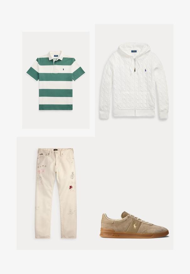 Biely pletený sveter s kapucňou na zips, predné vrecká a malé modré logo Polo Ralph Lauren na hrudi.; Polo tričko s krátkym rukávom s širokými horizontálnymi zelenými a bielymi pruhmi, bielym golierom a malým vyšívaným logom na hrudi.; Béžové nohavice s prednými vreckami a pútkami na opasok s vyblednutými červenými a čiernymi grafickými potlačami a textovými motívmi na oboch nohách.; Béžové nízke tenisky z brúseného semišu a kože s gumovou podrážkou, bielymi šnúrkami a logom Polo na boku a na podrážke.